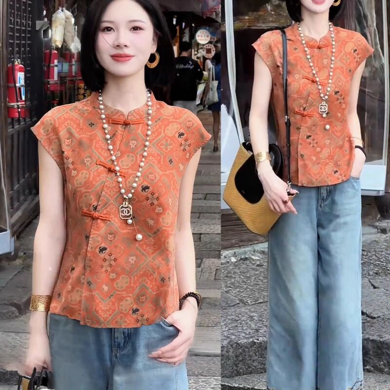 New Chinese-Style National Style Shirt for Women 2026 Summer New Fashion Design with Buttoned Print Short-Sleeve Stand Collar Top Trendy