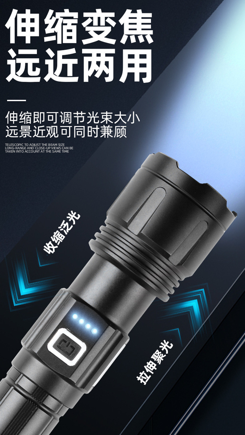White Laser Flashlight with Dual Side Lights, White and Red Light, Logo Laser Printing, Aluminum Alloy Rechargeable Light, Zoom Floodlight