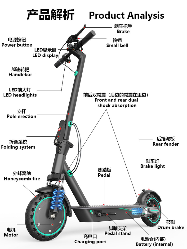 Electric scooter with 35KM long range, available in overseas warehouse, foldable two-wheeled, sourced from Guangdong factory, for export to Europe and America