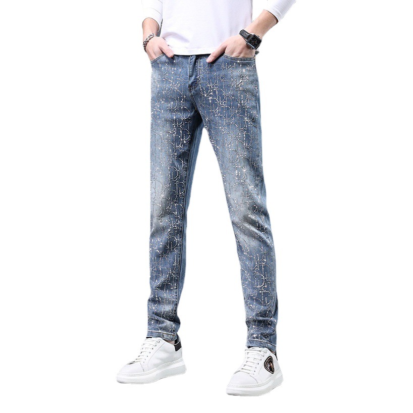 Pantalones vaqueros de diamantes de imitación de marca de moda para hombre azul claro 2023 Verano Delgado slim fit skinny stretch pantalones casuales de alta gama