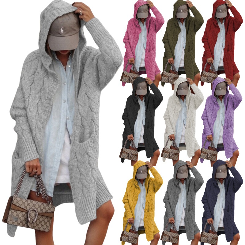 Cross-Border New European and American Export Pure Color Loose Knitted Flap Pocket Pants Cardigan Thick Thread Twist Hooded Long Sweater Jacket for Women