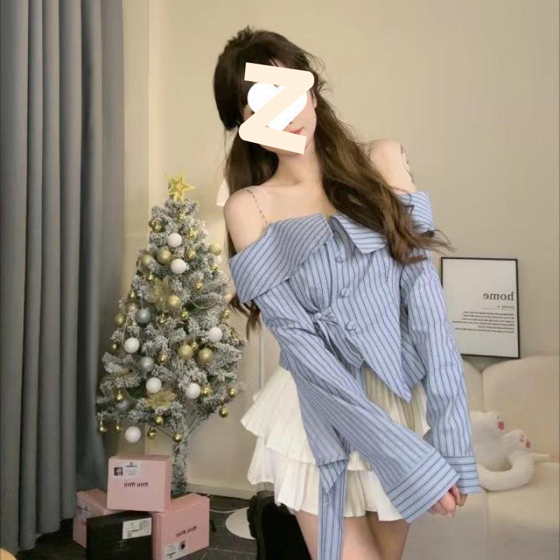 春夏季韩版甜美淑女风小清新一字肩上衣吊带条纹链条时尚气质女装