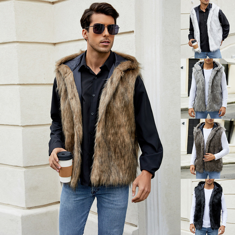 F0728 Cross-Border European and American Men's Imitation Fur Hooded Vest Jacket Top Fox Fur Artificial Fur Vest