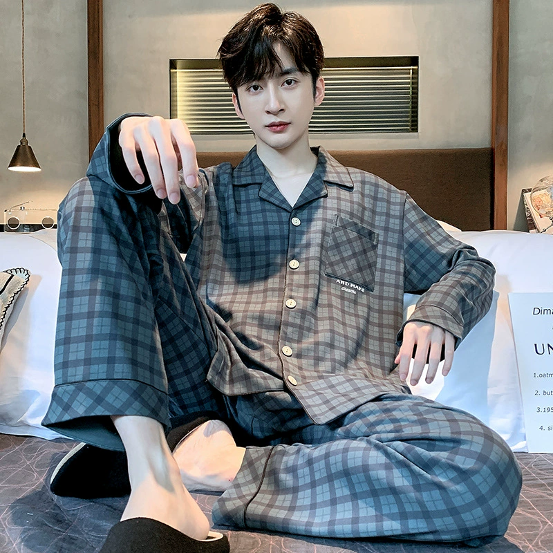Пижама Мужская весна-осень Повседневный Кардиган с длинными рукавами Клетчатая Мужская осенне-зимняя тонкая Домашняя одежда больших размеров