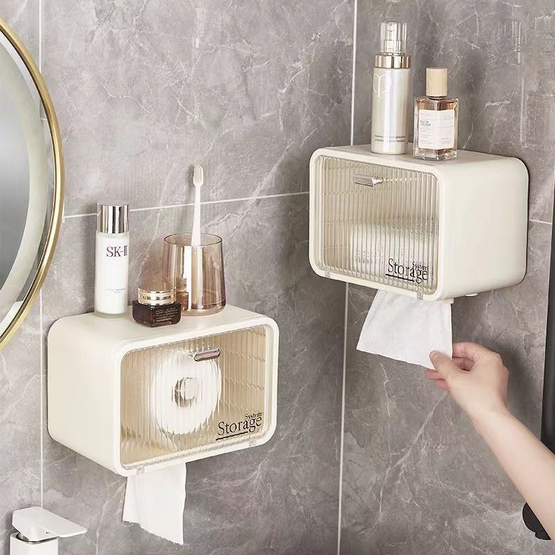 Caja de pañuelos de baño montado en la pared Toalla de cara sin perforaciones caja de almacenamiento dos en uno baño estante de almacenamiento de papel en rollo impermeable