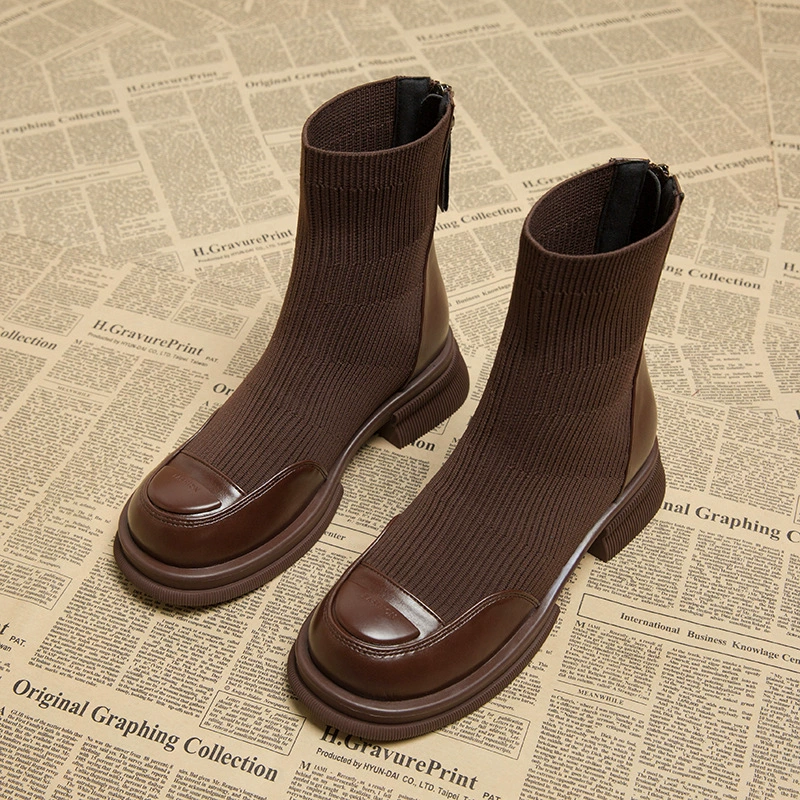 Женские ботинки 1080-1 Slim, весна-осень 2025, британский стиль, трикотажные, на массивном каблуке, короткие ботинки-носки