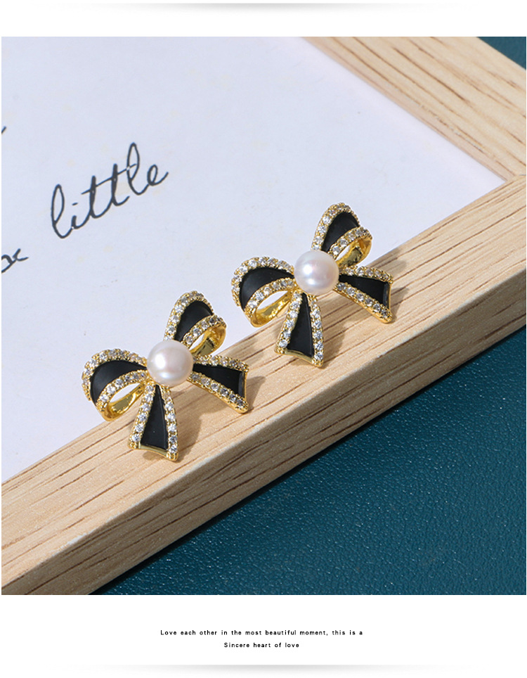 14K注金滴油蝴蝶结淡水珍珠耳钉