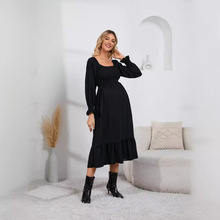 TEMU2025方领春秋新款长袖荷叶边高腰打揽孕妇裙纯色连衣裙早孕裙