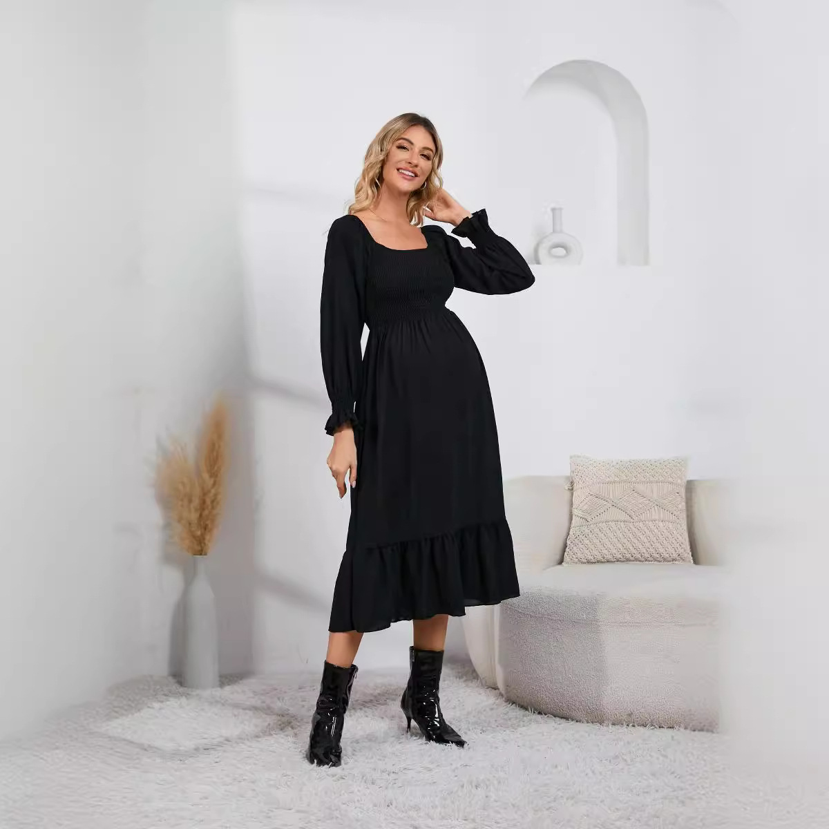 TEMU2025方领春秋新款长袖荷叶边高腰打揽孕妇裙纯色连衣裙早孕裙