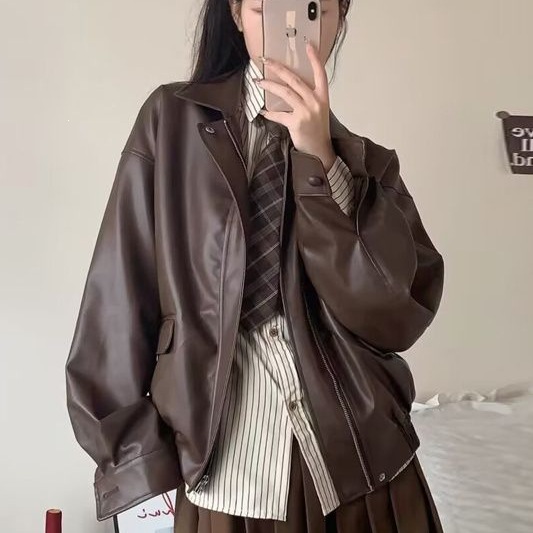 安可拉红皮衣短外套女学生2026春秋新款美式复古棒球服皮夹克上衣