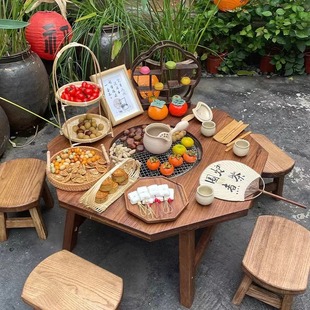 Retro Old Elm Stove Tea Table Solid Wood Square Barbecue Hot Pot Table and Chairs Outdoor Portable Solid Wood Tea Table Dining Table