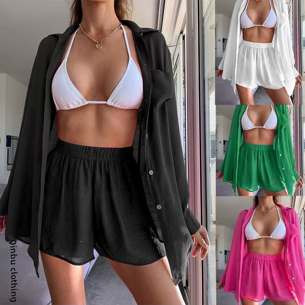 2025 Beach Clothing Cover-Up Set Women's Beach Loose Sunscreen Bikini Outerwear Swimsuit Cardigan