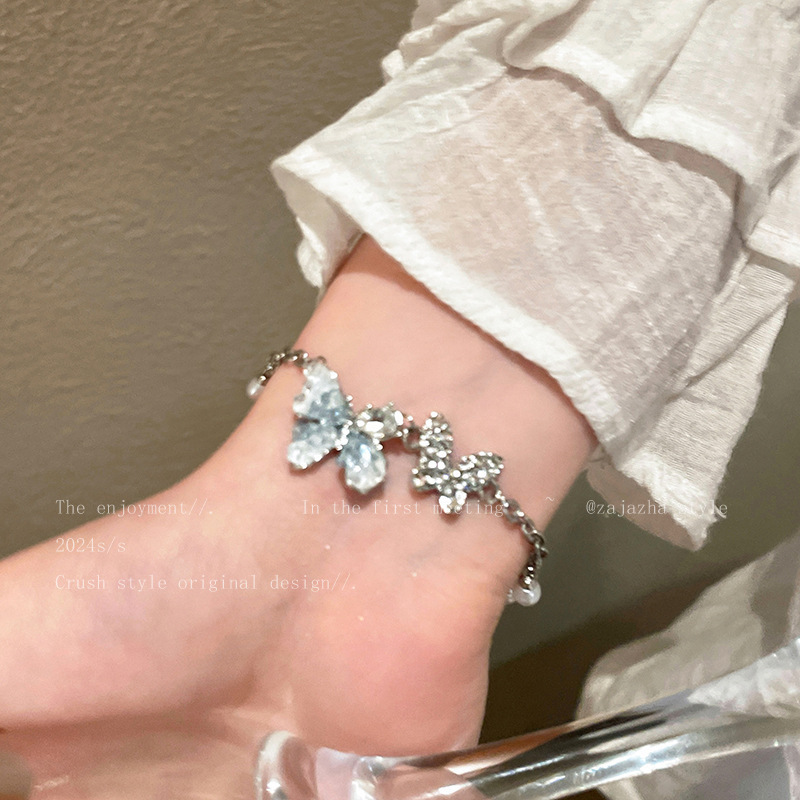 ブルーバタフライブレスレット砂利ブレスレット高級感女性夏グラデーション蝶ブレスレット小衆気質手飾りジュエリー|undefined