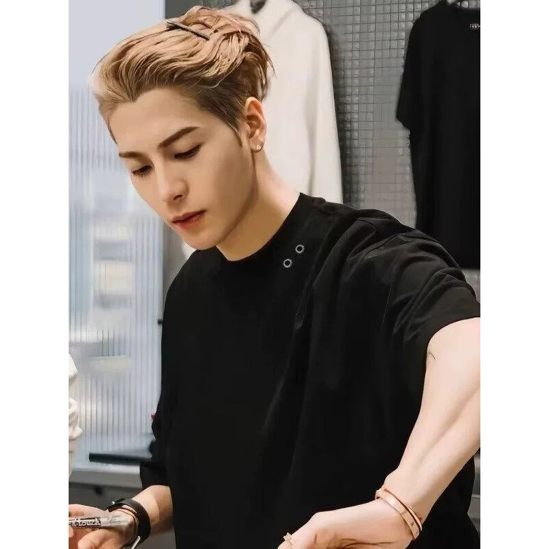 Hong Kong Style Niche Metal Design Heavy Black T-Shirt for Men, Summer American-Style Loose Short-Sleeve Top