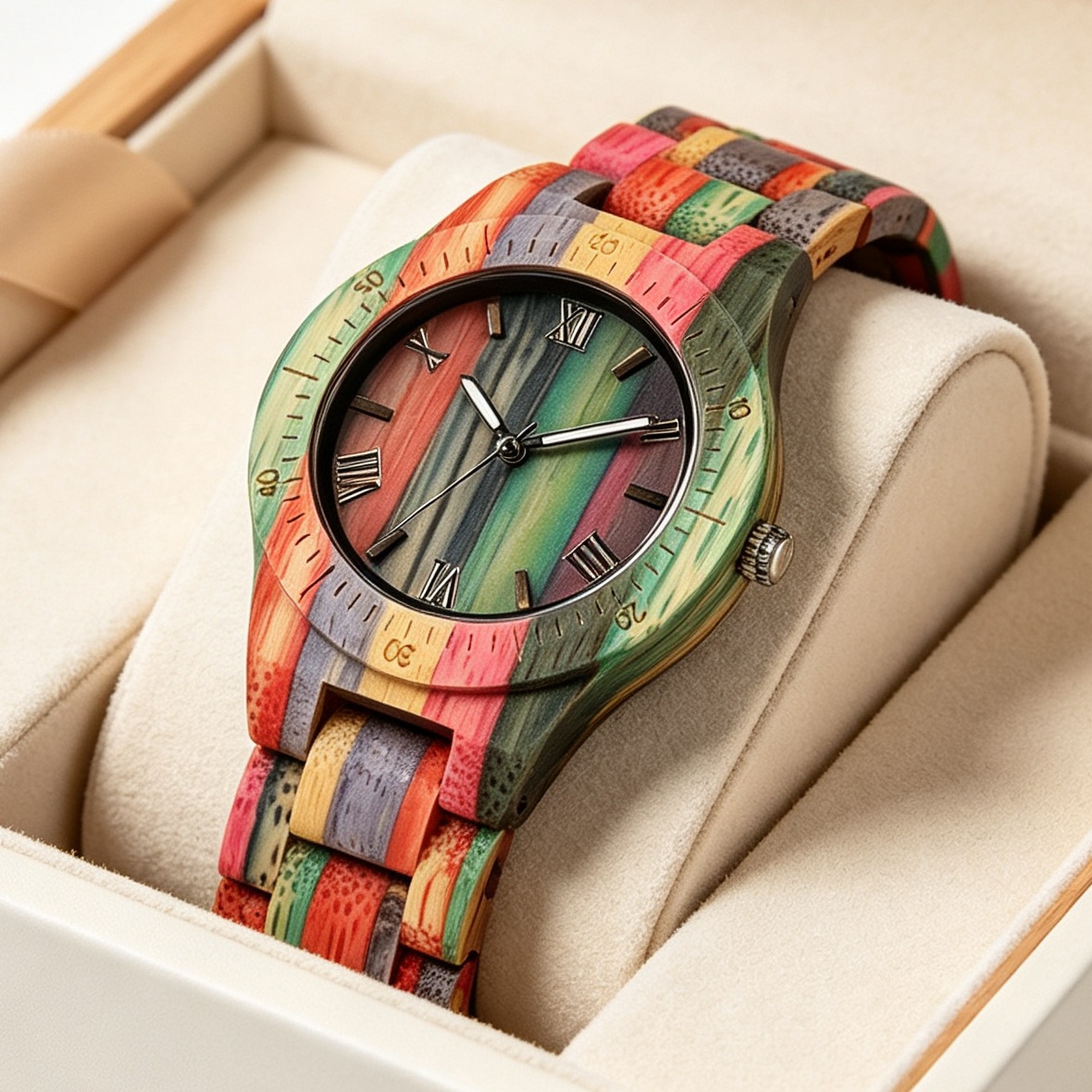 男女士石英手表彩色木表罗马字时尚简约情侣腕表跨境wooden watch
