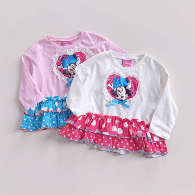 Japanese Disney Minnie Girls' Long-Sleeve T-Shirt with Heart Lace Patch, Polka Dots, and Ruffled Hem for Spring and Autumn