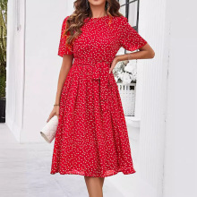 亚马逊新款爆款女士波点圆领短袖舒适休闲中长连衣裙