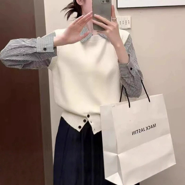 Foreign Trade 2026 Autumn New Women's Fashion Fake Two-Piece Knitted Striped Shirt with Turn-Down Collar Loose Design Top Foreign Trade 2026 Autumn New Women's Fashion Fake Two-Piece Knitted Striped Shirt with Turn-Down Collar Loose Design Top