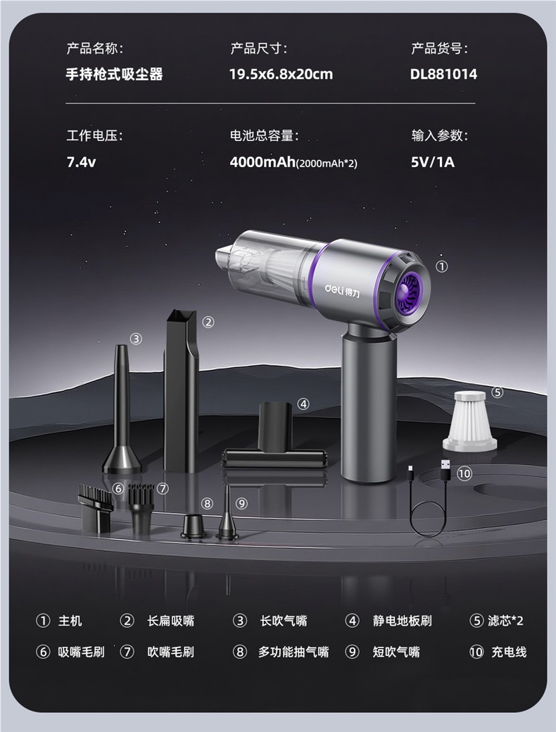 Deli Car Vacuum Cleaner Handheld Small Wireless 2026 New Model for Home and Car Dual Use with Super Strong Suction
