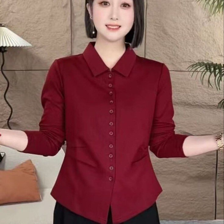 早秋新款时尚单排扣衬衣小衫气质休闲百搭叠穿打底衣春秋长袖女装|undefined