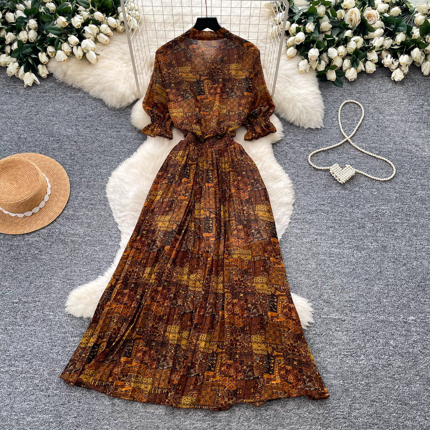 Retro Printed Dress Short Sleeved a Line Skirt Long Slimming Elegant Summer Women's Clothing_ecoleips.com