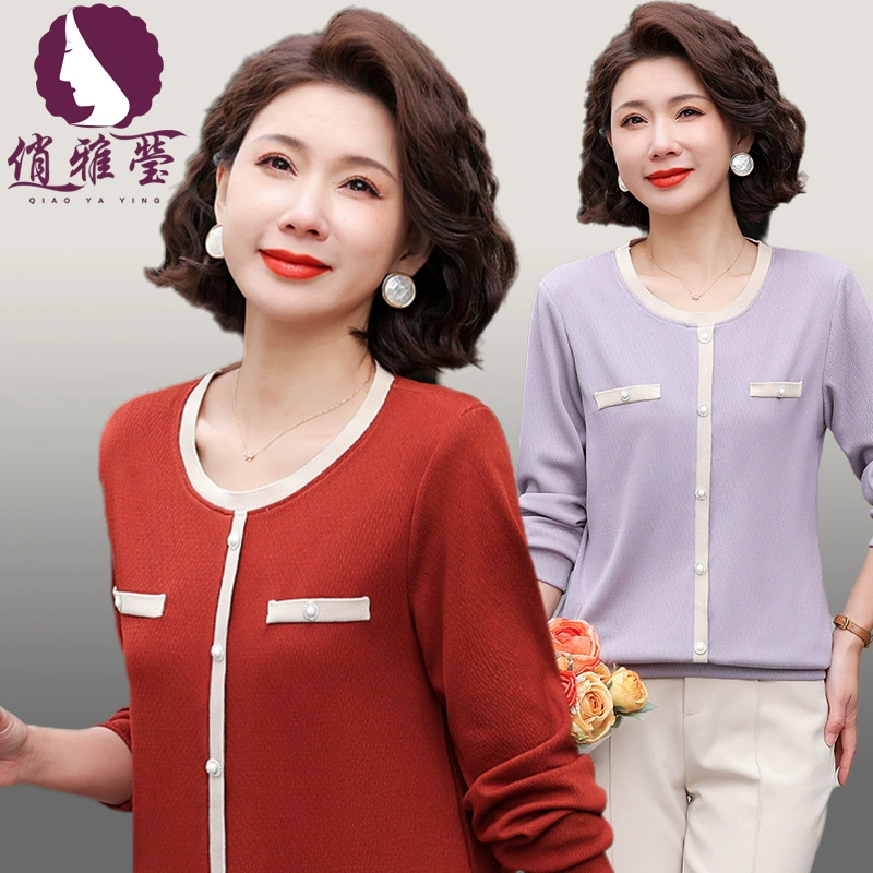 Qaiying среднего и пожилого возраста, наконец, одежда для весны и осени 2025 года, рубашка с круглым вырезом, темперамент, большая мама, маленькая рубашка