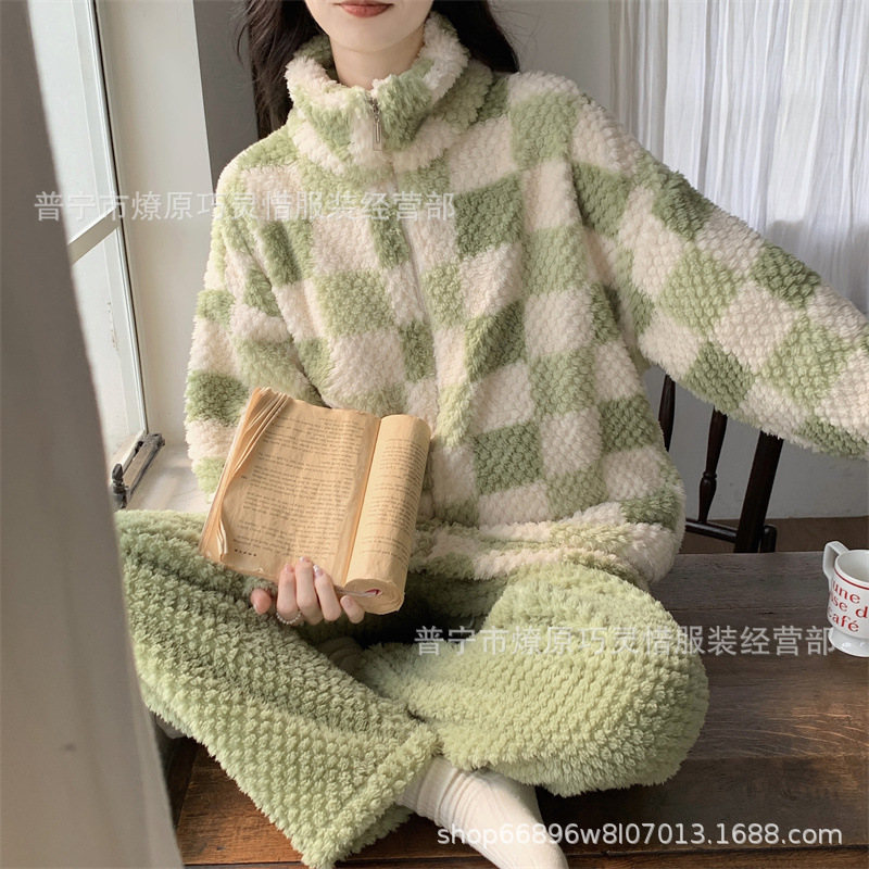 Franela otoño y invierno nueva linda niña caliente y gruesa dulce kitty gato suelto conjunto de pijamas se puede usar fuera