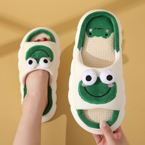 Boys and girls all seasons cute frog home linen slippers for men and women couples indoor non-slip thick-soled sandals and slippers
