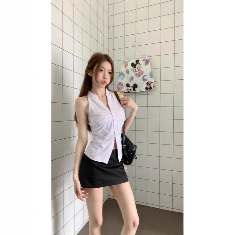 Pure Desire Sleeveless Neck Shirt Women's Summer Slim-fit Slimming Striped Shirt Design Sense Niche Short Top