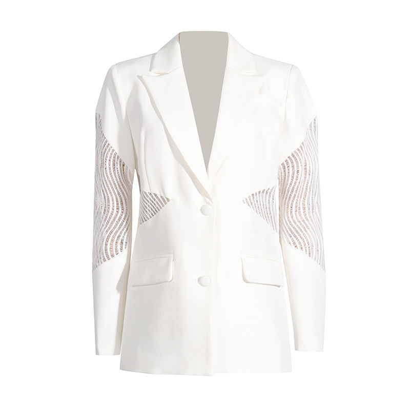 Women's Elegant Long Sleeved Suit Jacket V Neck Hollowed Out Sheer Lace Patchwork Autumn Winter Fashionable Outerwear_voghion.com