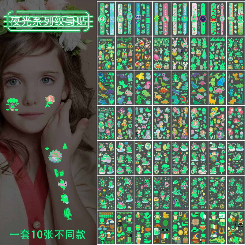 Cross-border supply children luminous tattoo stickers cartoon cute unicorn dinosaur space mermaid temporary stickers