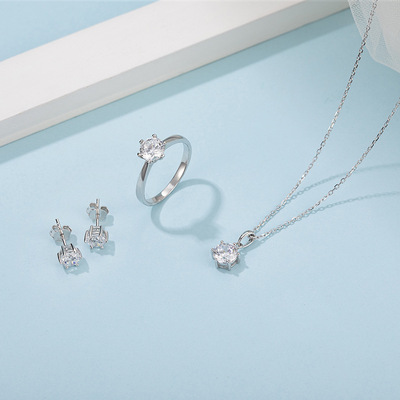 10k金首饰套装经典简约耳钉莫桑石戒指9/14/18k白金玫瑰黄金项链