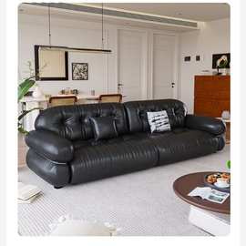 法式复古轻奢真皮沙发客厅中古钢圈直排黑色沙发美拉德风皮艺沙发