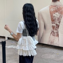 2025新款ins简约百搭蕾丝花边荷叶边裙摆造型单肩包层叠帆布包