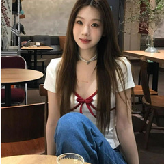ホワイト V ネックボウショルダー半袖 T シャツ女性の夏ニッチシックな痩身多用途ホットガールトップ