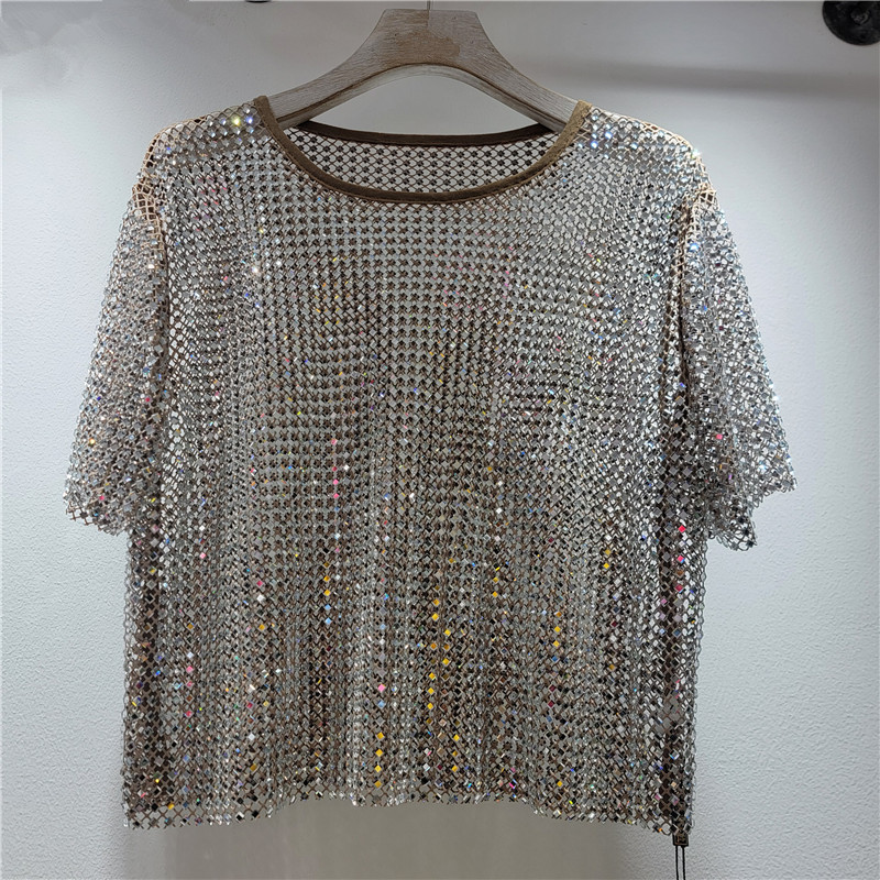 El nuevo producto europeo, la industria pesada, el diamante en caliente, la sensación de frío, el diamante estrellado, el cuello redondo, la blusa de manga corta, la camiseta transparente hueca image 4