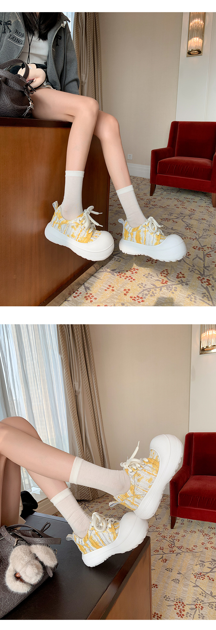 Giày loafer nữ đế xuồng platform 5cm, mũi tròn buộc dây, da thật — xanh lam, màu vàng chi tiết 13