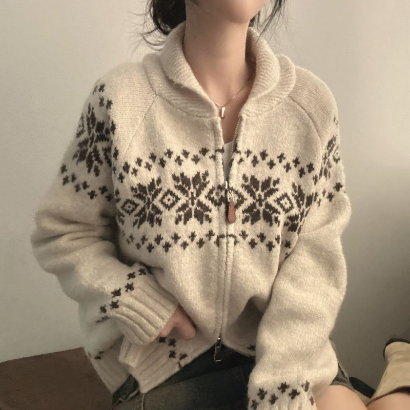 Chique coreano otoño invierno nicho retro Jacquard diseño suelto multifacé camiseta de manga larga suéter chaqueta mujer image 1