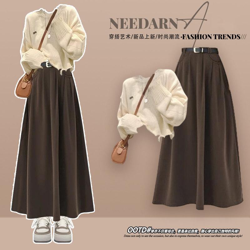 Merlad's Autumn Outfit Set 2026 New Women's Knitwear Brown Skirt Korean Chic Complete Set