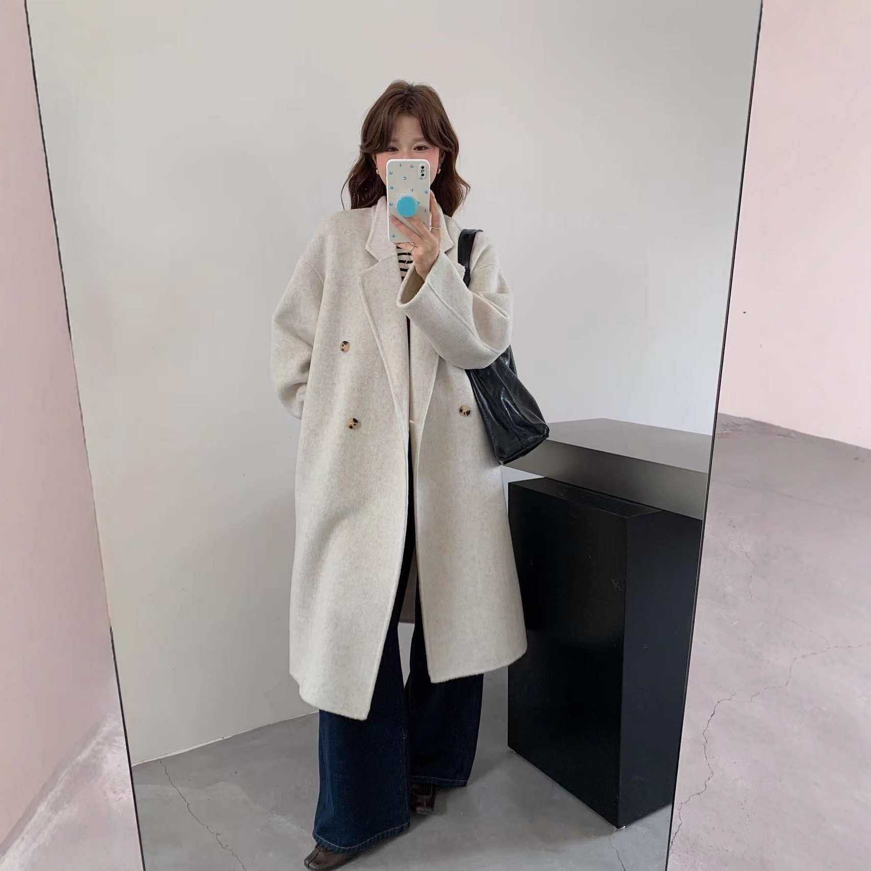 双面呢羊毛大衣女新款纯手工缝制慵懒风中长款毛呢外套女加长款