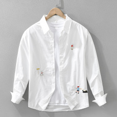 7586男性日系清新長袖シャツ新ファッション刺繍文芸カジュアルゆったり上着代件