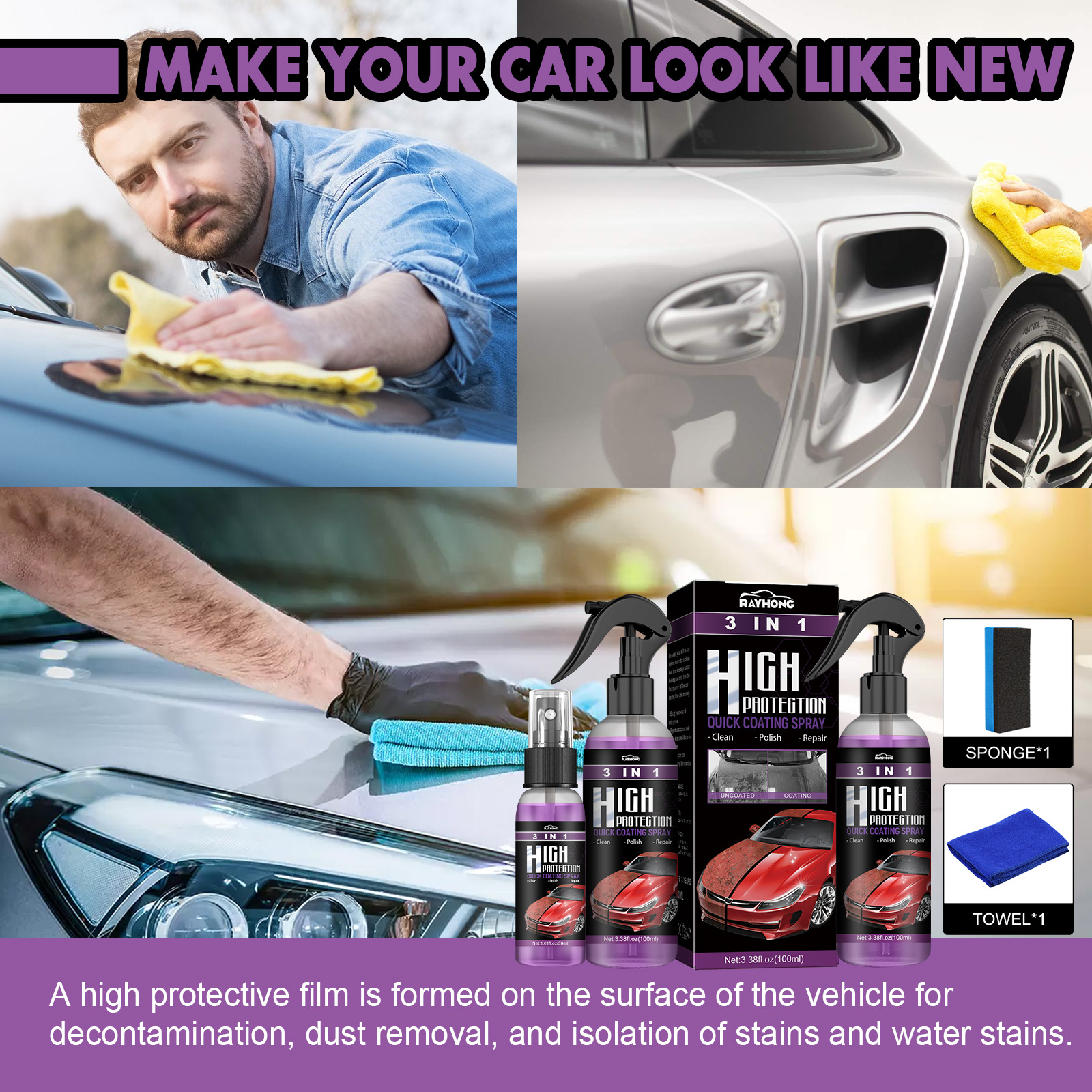3 in 1 Coating spray High protection Fast auto paint spray Self action paint color change cleaning_voghion.com