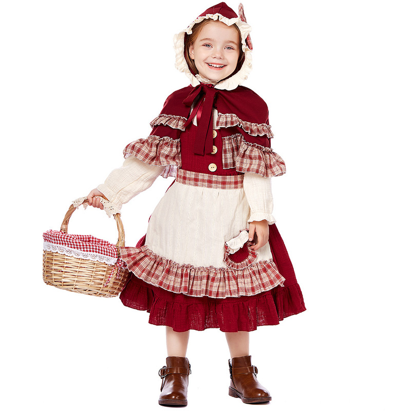Children's Little Red Riding Hood Cosplay Costume Girls' Retro Pastoral Dress Fairy Tale Stage Halloween Role-Playing Costume Children's Little Red Riding Hood Cosplay Costume Girls' Retro Pastoral Dress Fairy Tale Stage Halloween Role-Playing Costume