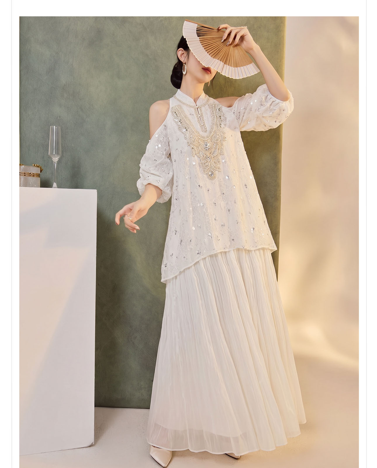 Đầm maxi tay bong bóng mở rộng vai — Tuyết Xanh, Aurora trắng chi tiết 9