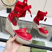 外贸2025新款绑带厚底坡跟包头绳编织时尚百搭渔夫鞋中空高跟女鞋