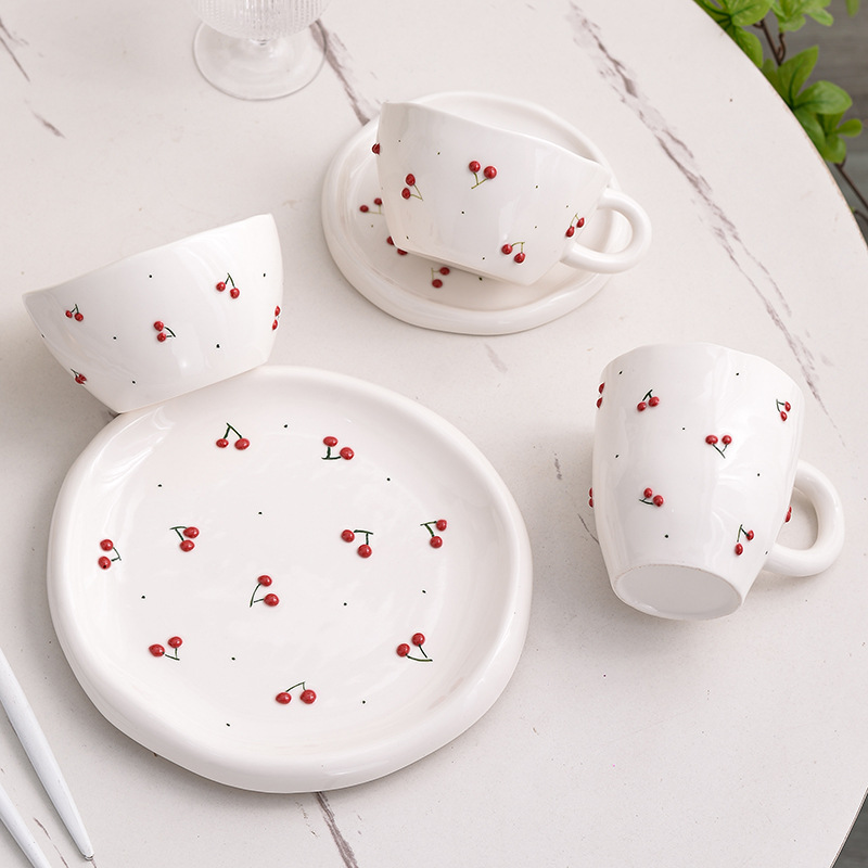 Ins Style Embossed Hand-Painted Cherry Ceramic Water Cup High-Looking Girly Heart Ceramic Tableware Coffee Cup Plate Gift