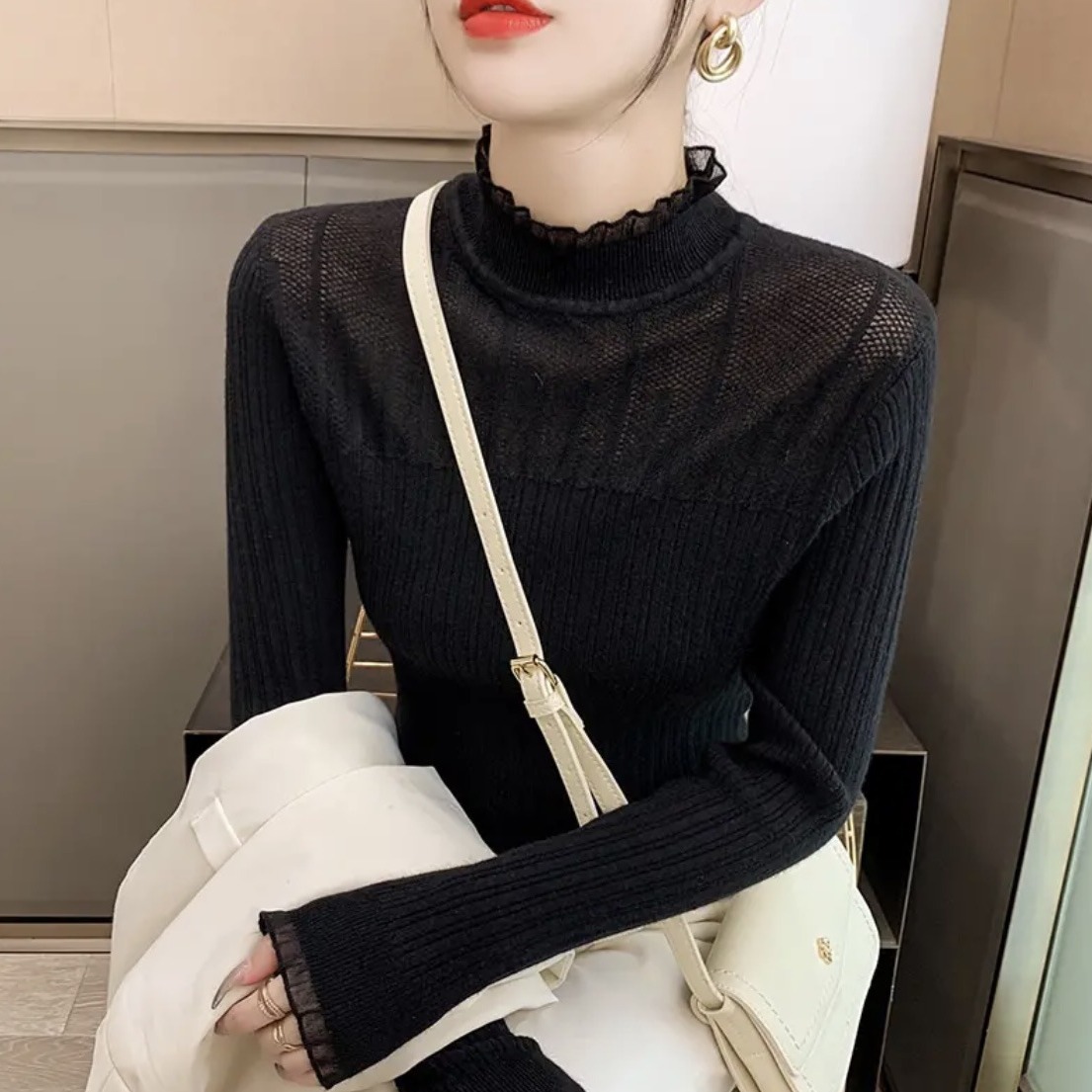 2023 otoño e invierno nuevas mujeres slim fit encaje hueco suéter interior medio cuello alto camisa de fondo para mujeres image 5