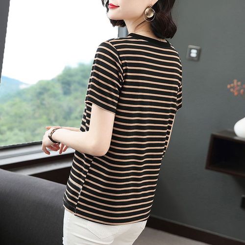 Korean short-sleeve T-shirt for women, summer striped small top for middle-aged mothers, slimming, stylish, versatile, loose-fitting top