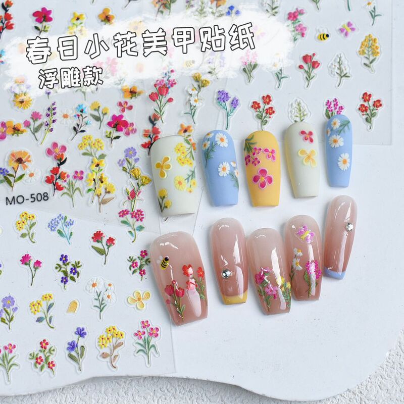 New Spring Flower Nail Art Stickers, Small Wildflowers, Colorful Embossed 3D Hand-Painted Flowers, Wildflower Oil Painting Simple Stickers
