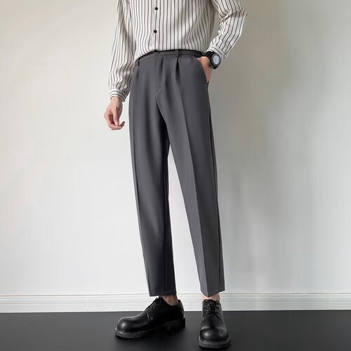 Slim-fit trendy youth-style solid-color casual dress pants—on-trend men's cropped trousers for autumn, featuring a minimalist Harajuku vibe.